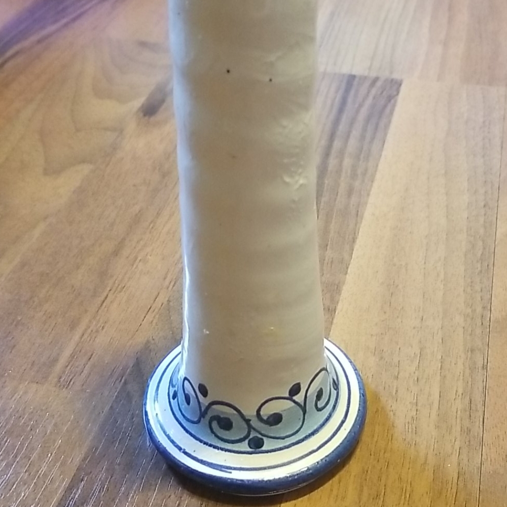 Vintage Tall Italian Pottery Blue & Cream Floral Chamberstick Candle Holder - Picture 4 of 11